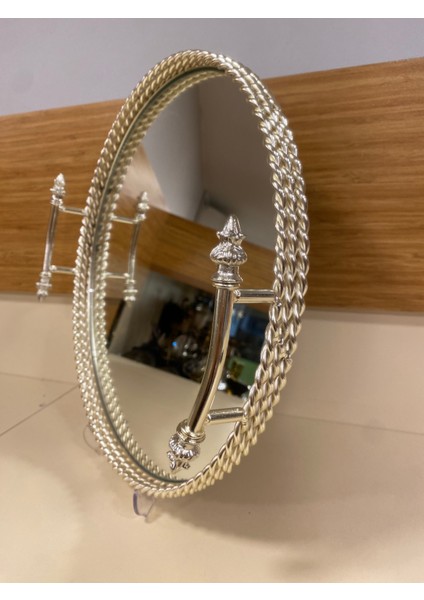 Tepsi Dekoratif Kulplu Döküm Pirinç Gümüş Yuvarlak Çap 37 cm