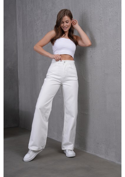 Beyaz Pamuklu Palazzo Denim Pantolon