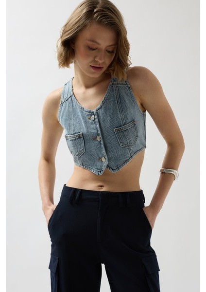 Denim Cepli Yelek