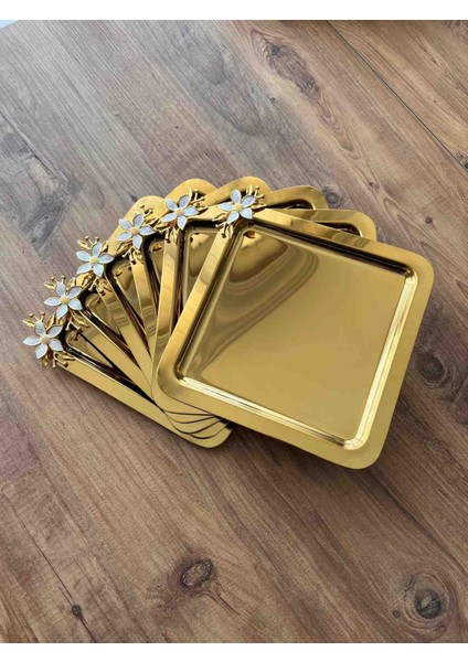 Lüx 6 adet Mineli Papatyalı Gold Kare Sunum Tepsisi Kahve ve Sunum Tepsisi