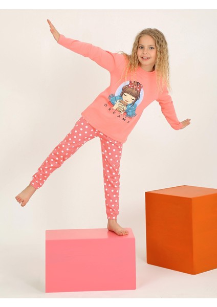 Kız Çocuk Let Your Dreams Baskılı Puantiyeli Somon Renk Pijama Tk.