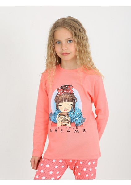 Kız Çocuk Let Your Dreams Baskılı Puantiyeli Somon Renk Pijama Tk.