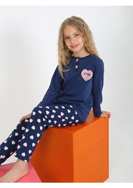 Kız Çocuk Jetaıme Kalp Baskılı Uzun Kollu Pamuklu Pijama Tk.