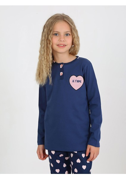 Kız Çocuk Jetaıme Kalp Baskılı Uzun Kollu Pamuklu Pijama Tk.