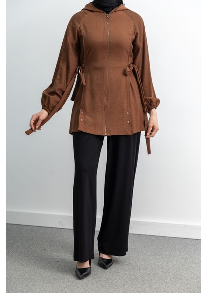Şerit Detaylı Kapüşonlu Fermuarlı Ceket - Kahve fiyatları