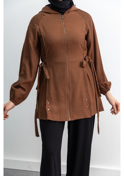 Şerit Detaylı Kapüşonlu Fermuarlı Ceket - Kahve modelleri