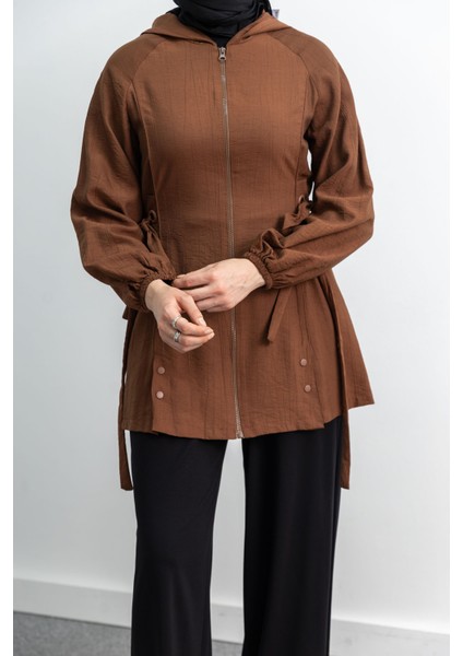 Şerit Detaylı Kapüşonlu Fermuarlı Ceket - Kahve fırsatları