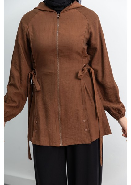 Şerit Detaylı Kapüşonlu Fermuarlı Ceket - Kahve indirimleri