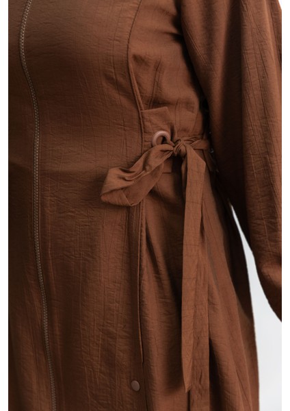 Şerit Detaylı Kapüşonlu Fermuarlı Ceket - Kahve