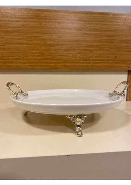 Sunum Yuvarlak Porselen Ayaklı Kulplu Pirinç Gümüş Çap 30 cm fiyatları