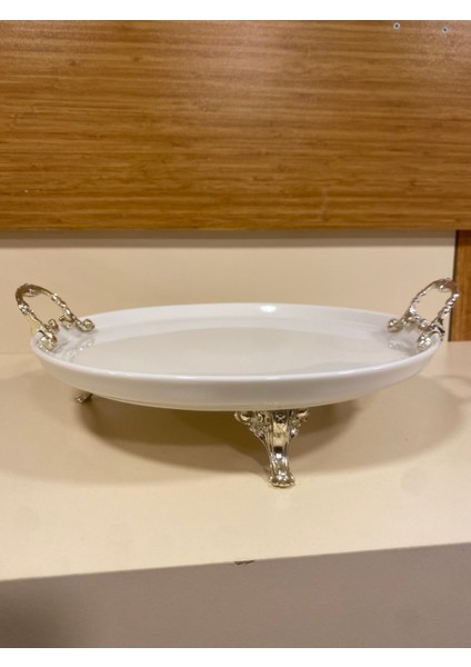 Sunum Yuvarlak Porselen Ayaklı Kulplu Pirinç Gümüş Çap 30 cm modelleri