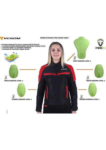 Dynamic Pro V2 Cordura Kırmızı Kadın Dört Mevsim Motosiklet Montu (Bir Beden Büyük Sipariş Veriniz)