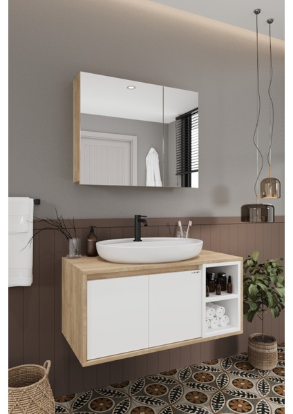 Lale Beyaz 90 cm %100 Mdf Lavabolu Banyo Dolabı + Aynalı Dolap fiyatları