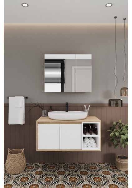 Lale Beyaz 90 cm %100 Mdf Lavabolu Banyo Dolabı + Aynalı Dolap modelleri