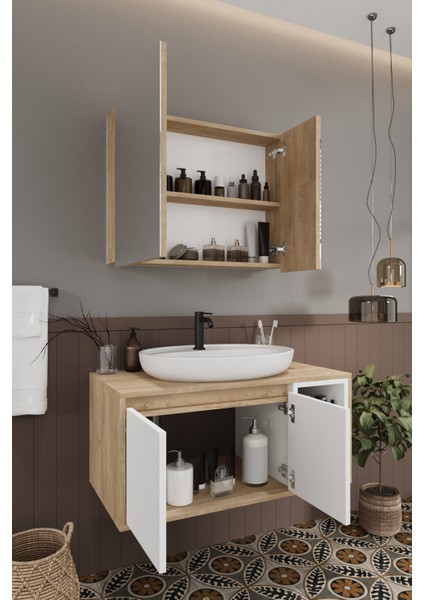Lale Beyaz 90 cm %100 Mdf Lavabolu Banyo Dolabı + Aynalı Dolap fırsatları