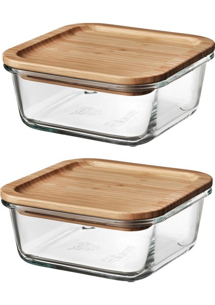 2 Adet Bambu Kapaklı Cam Saklama Kabı Kare Kase 15 cm 600 ml