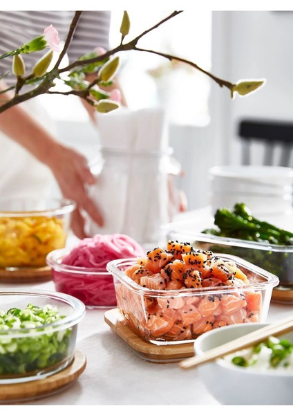 2 Adet Bambu Kapaklı Cam Saklama Kabı Kare Kase 15 cm 600 ml modelleri