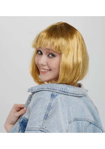 Altın Renk Düz Kesim Küt Parti Peruğu Kısa Takma Saç (4172)