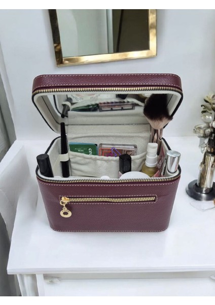 Makyaj Çantası Aynalı Deri Kaplama Kozmetik Organizer Seyahat ve Günlük Kullanım İçin