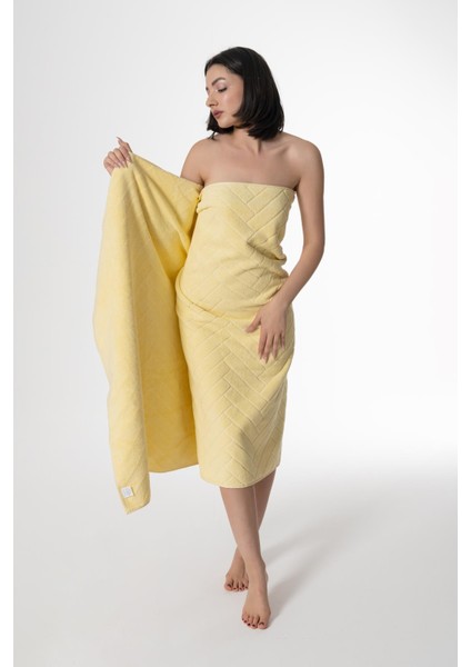 Sarı Renk 100X170 cm Banyo Havlusu, Jakarlı, Bukle, Pamuklu, Emici, Yumuşak, Plaj Havlusu