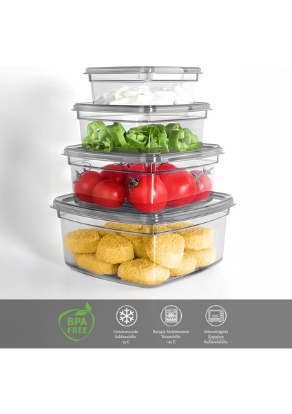 8'li Kare Sızdırmaz Saklama Kabı Seti - Düzenleyici Erzak Kabı 2X(275-500-850-1350)ML Antrasit modelleri