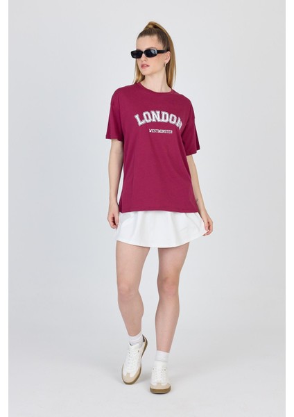 Bordo Yazı Baskılı %100 Pamuk Oversize Tişört 2150-9M fiyatları