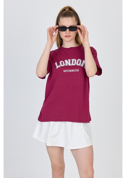 Bordo Yazı Baskılı %100 Pamuk Oversize Tişört 2150-9M modelleri
