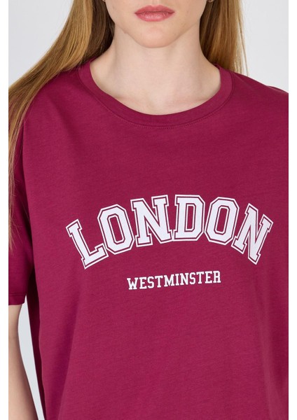 Bordo Yazı Baskılı %100 Pamuk Oversize Tişört 2150-9M fırsatları