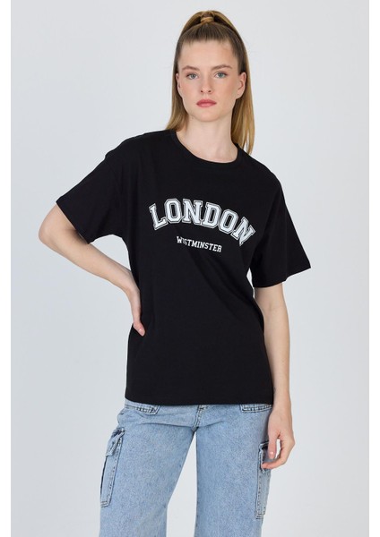 Siyah Yazı Baskılı %100 Pamuk Oversize Tişört 2150-9M