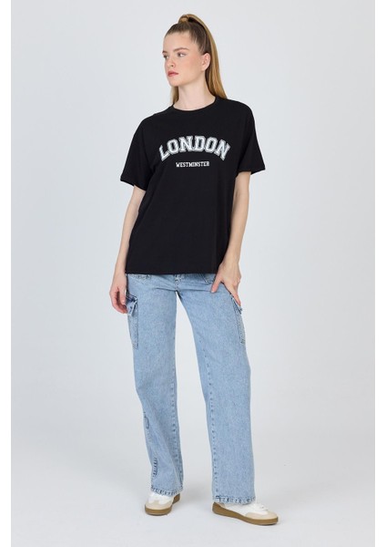 Siyah Yazı Baskılı %100 Pamuk Oversize Tişört 2150-9M fiyatları