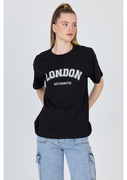 Siyah Yazı Baskılı %100 Pamuk Oversize Tişört 2150-9M modelleri