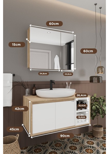 Lale Beyaz 90 cm %100 Mdf Lavabolu Banyo Dolabı + Aynalı Dolap indirimleri