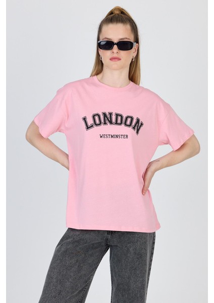 Pembe Yazı Baskılı %100 Pamuk Oversize Tişört 2150-9M