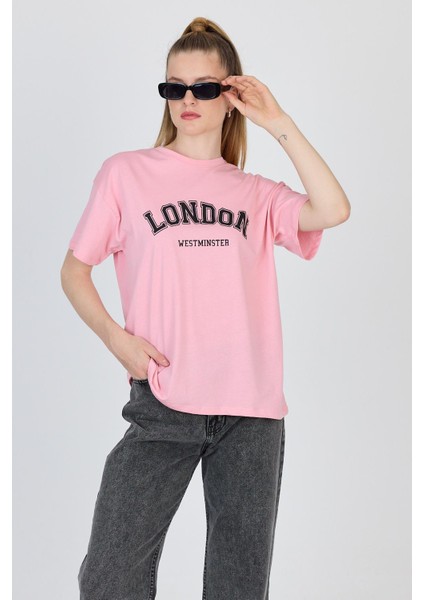 Pembe Yazı Baskılı %100 Pamuk Oversize Tişört 2150-9M fiyatları
