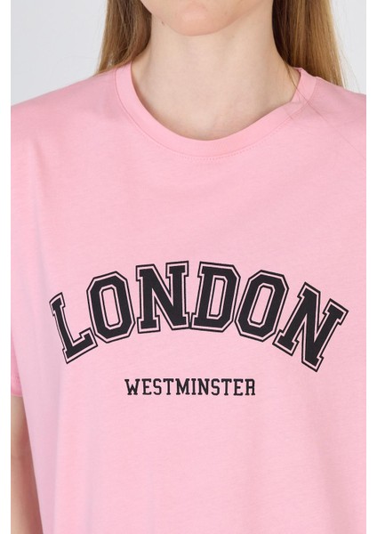 Pembe Yazı Baskılı %100 Pamuk Oversize Tişört 2150-9M fırsatları