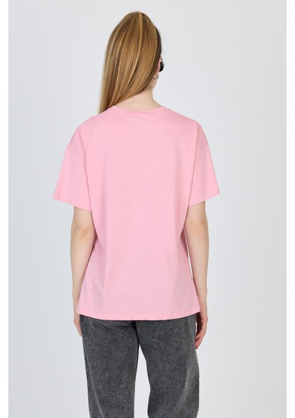 Pembe Yazı Baskılı %100 Pamuk Oversize Tişört 2150-9M indirimleri