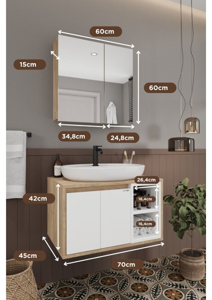 Lale Beyaz 70 cm %100 Mdf Lavabolu Banyo Dolabı + Aynalı Dolap indirimleri