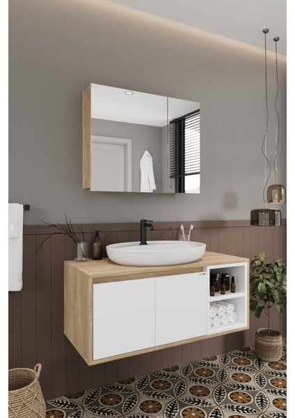 Lale Beyaz 100 cm %100 Mdf Lavabolu Banyo Dolabı + Aynalı Dolap
