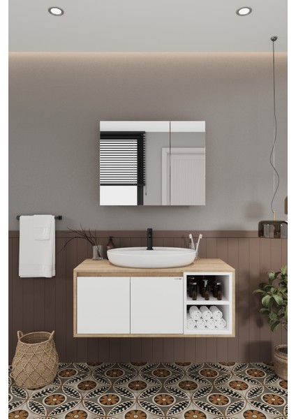 Lale Beyaz 100 cm %100 Mdf Lavabolu Banyo Dolabı + Aynalı Dolap fiyatları