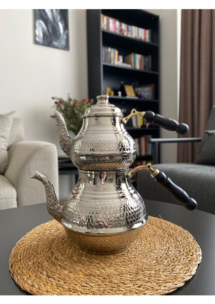 Gümüş Renkli Bakır Petek Desenli Çaydanlık