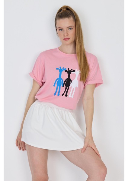 Pembe Oversize Zürafa Baskılı Tişört 2150-12M