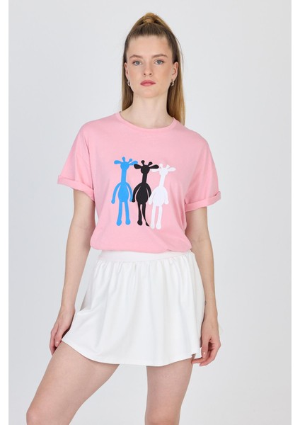 Pembe Oversize Zürafa Baskılı Tişört 2150-12M fiyatları