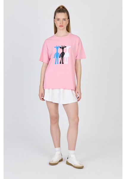 Pembe Oversize Zürafa Baskılı Tişört 2150-12M modelleri