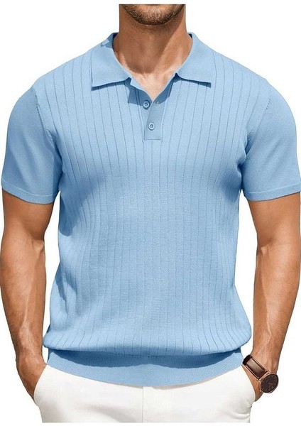 Maniche Polo Yaka Triko T-Shirt Açık Mavi - M indirimleri