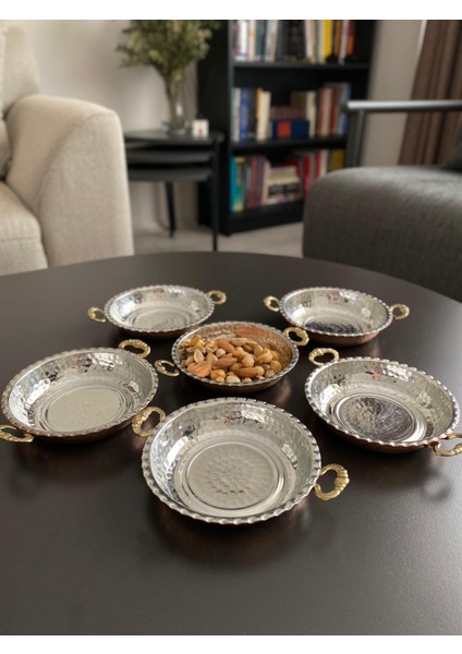 6'lı Kulplu Bakır Çerezlik-Kahvaltılık-Reçellik-Sunumluk Set (12 cm x 2,3 Cm)