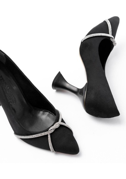 K-10 Siyah Süet Günlük Sarmal Taşlı Topuklu Kadın Ayakkabı fırsatları