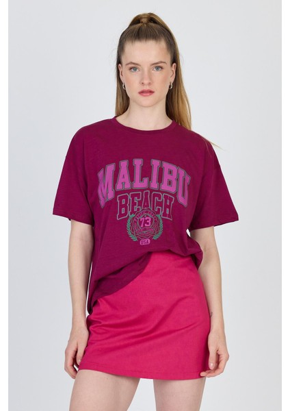 Bordo Yazı Baskılı %100 Pamuk Oversize Tişört 2150-17M