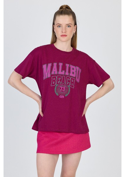 Bordo Yazı Baskılı %100 Pamuk Oversize Tişört 2150-17M fiyatları