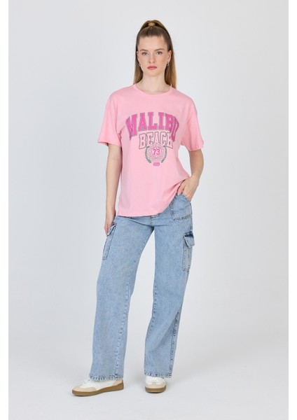 Pembe Yazı Baskılı %100 Pamuk Oversize Tişört 2150-17M modelleri