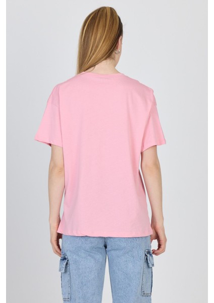 Pembe Yazı Baskılı %100 Pamuk Oversize Tişört 2150-17M indirimleri